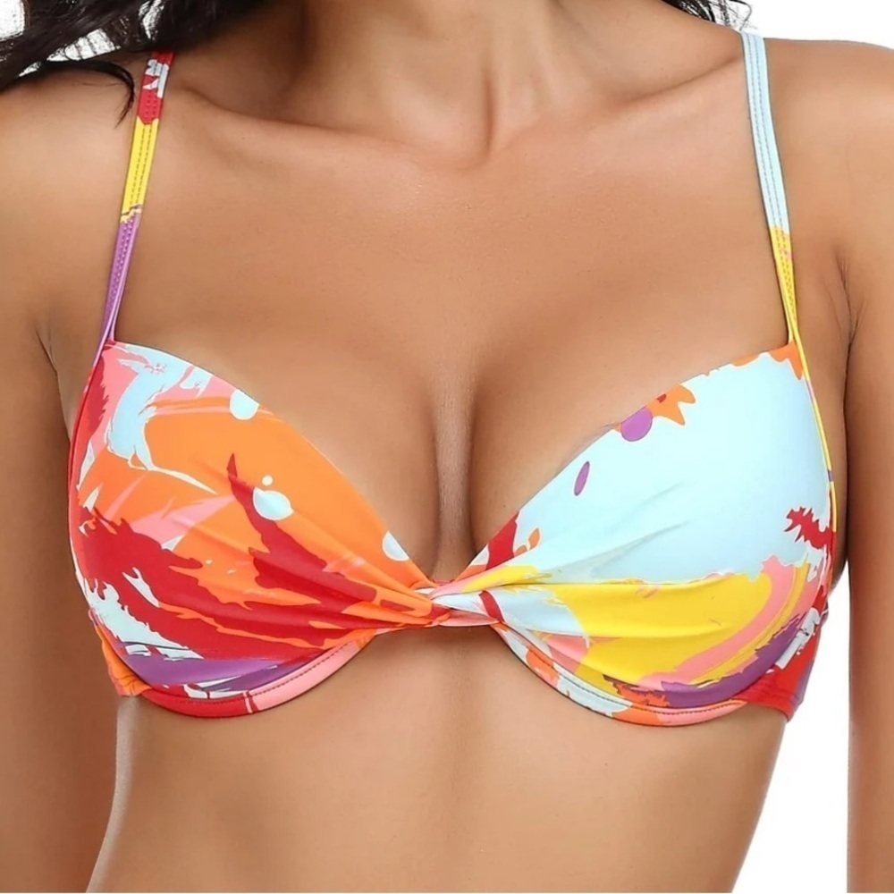 RELLECIGA Women's Push Up Bikini Top Twist Front Underwire Swim Suit Colorblock